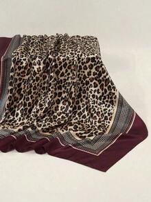 1pc Women's 90CM Fashion Scarf With Leopard Print, Satin Square Bandana Headscarf, Spring/Summer - Burgundy - View 4
