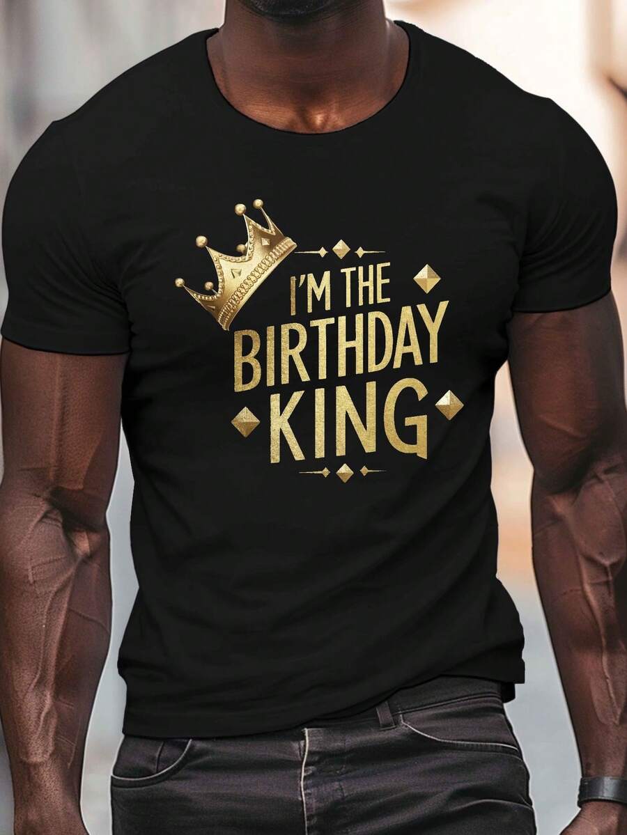 Men's "I'm The Birthday King" Golden Crown Graphic Tee - Casual Crew Neck Short Sleeve, Lightweight Polyester Summer Shirt, Party Clothing|Crown Motif Shirt|Glossy Finish, Birthday Shirt - 白色 - 查看 1