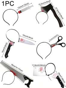 1/4件万圣节头箍见刺刀菜刀剪刀斧头锤仿真穿头吓人菜刀扣恐怖角色扮演道具头箍，万圣节恶作剧拍照道具