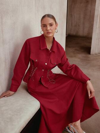 Simplee Women's Spring/Autumn New Red Front Button Tie Waist Top And Long Skirt 2-Piece Set, Fashionable Utility Outfit, Suitable For New Year, Christmas, Party, Music Festival