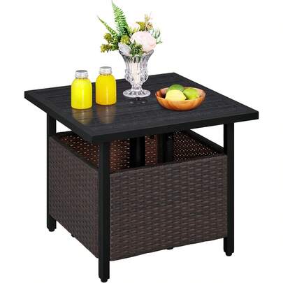 Rattan Outdoor Coffee Table, PE Patio Wicker Bistro Side Table With Umbrella Hole, All Weather Garden Furniture Set For Balcony, Backyard, 55.5 X 55.5 X 47cm, Max Load 120kg, Brown & Black