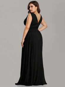 V-Neck Ruffle Waist Pleated Chiffon Bridesmaid Dress, Elegant - Black - View 2