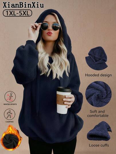 XianBinXiu 1pc Women Plus Size Double-Sided Fleece Sweatshirt, Navy Blue, Casual Warm Lined Crew Neck Sweatshirt For Autumn/Winter, Suitable For Leisure And Outdoor Sports