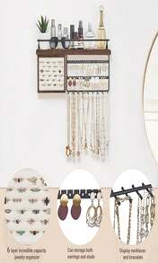 Mkono Hanging Jewelry Organizer Wall Mounted Jewelry Organizer Necklace Holder With Rustic Wood Shelf, Ring Display Box, Ear Studs Earring Holder Bracelet Organizer