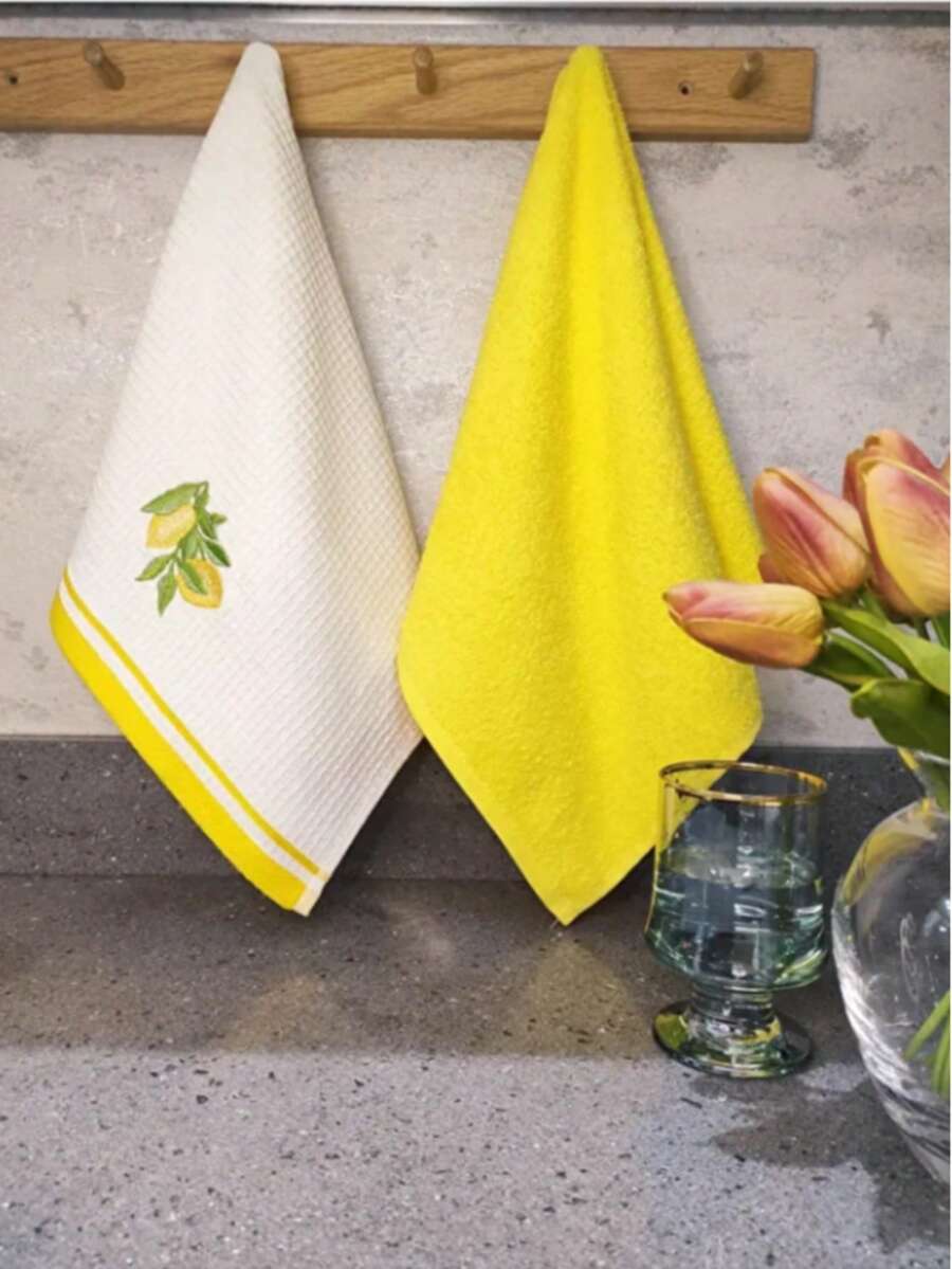2-Pack 100% Cotton Kitchen Towels – 40x60 Cm | Soft Texture, Highly Absorbent, Dual-Sided Towels – MADE IN TURKEY - Light Yellow - View 1