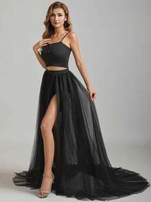 1pc 3-Layer Tulle Skirt, Side Slit, Elegant New High Waist Detachable Train Beach Dress, Suitable For Wedding/Party/Halloween, Lightweight Sheer, Ideal Women's Autumn Outfit