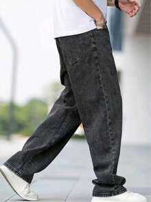 Men's Traditional Jeans, Straight, Loose, Top Quality, All Loose, Button, Zipper, Pocket - Xám đậm - Xem 2