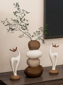 1pc Stacked Stone Sculpture, 1 Pair Deer Shaped Vase Resin Sculpture Set, Geometric Stone Flower Vase, Fashionable And Elegant Design, Desktop Decor, Suitable As Home And Office Gift, Birthday, Graduation, Christmas Gift