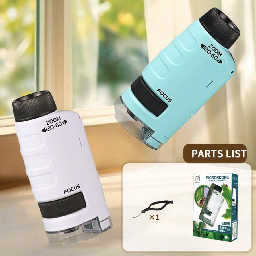 60x-120x Microscopio portátil para niños con zoom, microscopio de mano mini STEM y juguete científico, microscopio de bolsillo LED, microscopio de pequeño científico, regalo para niños y niñas de 6+ años, blanco y azul