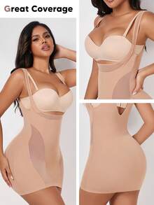Women's Open Bust Sculpting Chest Dress Support Body Shaper-Dress Mesh One Piece Full Slip Tummy Control Shapewear With Adjustable Strap