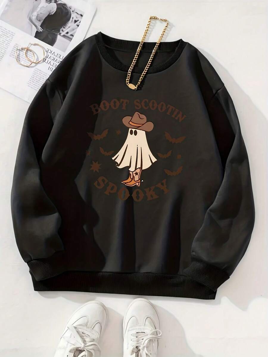 Women's Pumpkins Bats & Tis The Season  Printed Sweatshirt - Cozy Fall/Winter Pullover, Long Sleeves, Crew Neck, Casual, Perfect For Halloween Party Outfits, Everyday Fall Fashion And Fall/Winter Outfits, Playful Design, Soft Fabric, Comfortable Material, Fashion Apparel