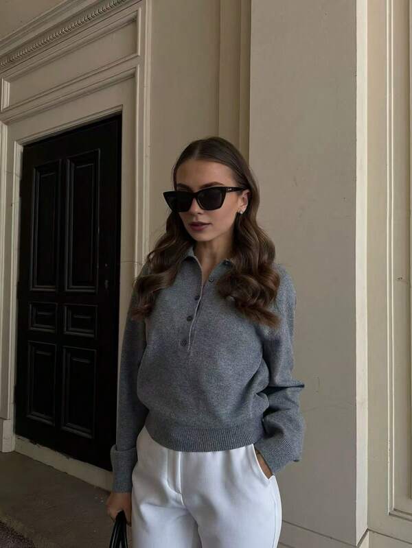 Senya Autumn/Winter New Arrivals Polo Neck Vintage Solid Colour Long-Sleeved Knitted Jumper Women's Loose-Fit Half-Button-Down,Old Money Style Knit Top