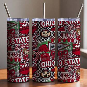 1 Pc 20oz Insulated Tumbler, Ohio State Buckeyes Mascot & Slogans Collage Pattern, Includes Straw & Cleaning Brush, Double-Walled Stainless Steel Cup For Hot/Cold Drinks, Leak-Proof & , Perfect Gift For OSU Fans, Students & Alumni, Ideal For Game Day & Tailgating.