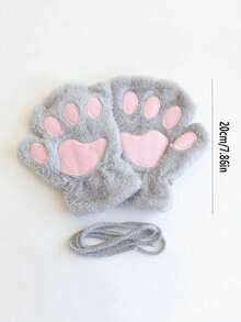 1双装-可爱卡通猫爪漏指手套-秋冬保暖防寒毛绒半指手套-加厚加绒-学生写字漏指 - 彩色 - 查看 6