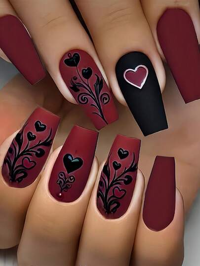 Zeigen Sie Ihre Liebe mit 24 Stücke Sarg-förmigen Aufklebe-Nägeln, süß und cool in Schwarz-Herz, Schwarz-Blätter, Rot-Nägel, modisches Burgund-Herz, Weiß-Herz Streifen, Schwarz-Nägel, Komplettset für Frauen und Mädchen, inklusive Nagelstudio mit 1 Stück Gelee-Gel und 1 Feile. Zufälliger Versand von Nagelbedarf