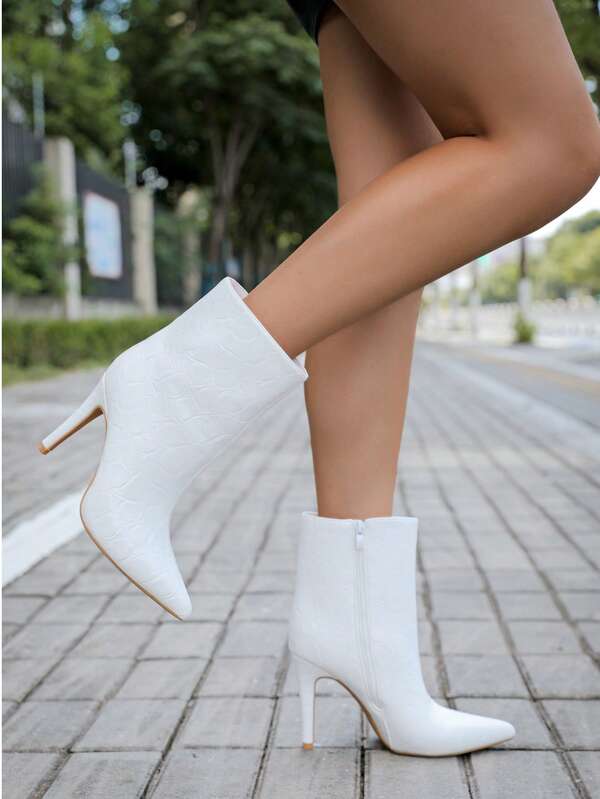 Fashion Black Stone Texture Pointed Toe Short Boots With Skinny High Heels, Sexy Ladies Riding Boots For And Vibe And Spring Shoes Spring Break Easter