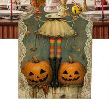 1 bucată de steag de masă cu model de dovleac de Halloween, fabricat din fibră de poliester tricotată de 72 inch, folosit pentru mese de sărbători, decorațiuni de bucătărie acasă, petreceri și cadouri