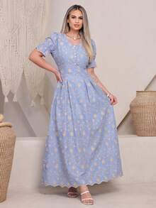 Elegant Women's Dress Simple Embroidery Button Women's All - 3D Bicolor Blue - View 2