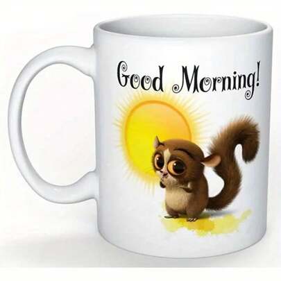 1pc Mort Madagascar Bushbaby "Good Morning!"Ceramic Coffee Mug 11oz - White Novelty Cup With C-Handle, Cute Cartoon Design For Tea, Coffee, Gift For Birthdays, Holidays & Office, Coffee Bar Accessories, Office Drinkware| Playful Animal Mug| Durable Drinkware, Coffee Cup