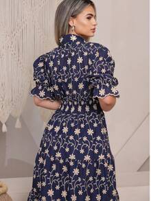 Women's Fashion Midi Dress In 3D Laise Fabric With Elastex On The Back And Button On The Front And Lining - 海軍藍雙色 3D - View 4