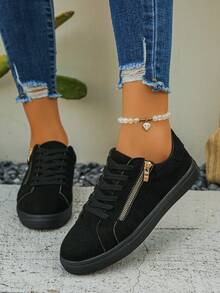 Women's New Blue Snake Skin Pattern Classic Side Zipper Casual Shoes, Fashion Versatile Lace-Up Platform Sneakers, Thick Sole Increase Height, Suitable For Students, Running, Hiking, Skateboarding - Black - View 2