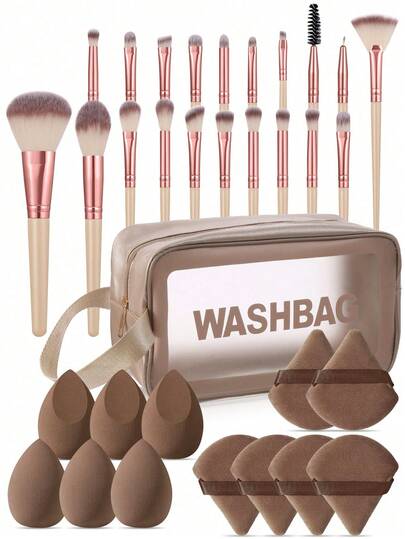 Kit de maquillaje 33-en-1: 20 brochas + 1 bolsa de maquillaje + 6 esponjas de maquillaje + 6 esponjas triangulares. Ideal para aplicar y mezclar bases líquidas, cremas y polvos con un acabado profesional.