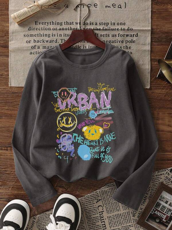 1 pieza Camiseta de manga larga con estampado casual para niñas preadolescentes, capa superior cálida y cómoda, adecuada para estudiantes jóvenes, estilo callejero/moda/Y2K/hip-hop/graffiti/personalizada, primavera/otoño/invierno
