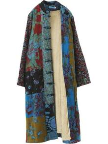LUZU JUNU Women's Trench Coat Floral Print Long Cotton Linen Jacke Cottagecore Clothing Patchwork Outwear Bohemian Unique - 藍色毛絨襯裡 - 查看 2