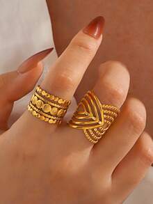 2pcs Stainless Steel Minimalist Geometric Line Open Ring Set, Fashionable Everyday Jewelry For Women - Multicolor - View 3