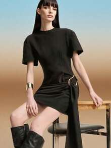 女士春夏连衣裙套装，时尚束腰中长连衣裙，优雅收腰A字迷你连衣裙，派对连衣裙，女士度假装，时尚女士度假套装 - 黑色 - 查看 5