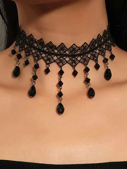 哥特式黑色蕾丝颈链，带水晶水滴 - 维多利亚复古风格，适合女性万圣节派对角色扮演珠宝