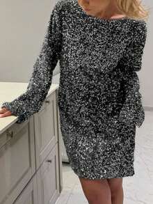 Unadoll Women's Long Sleeved Backless Strapless Sequin Dress, Suitable For Christmas, Back To School Season, Music Festivals, Parties, Cocktails, Guest Mini Skirts