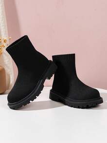 Children's Simple Round Toe Solid Color Series Knit Boots, 2025 Autumn/Winter New Fashionable Versatile Thick Sole Chunky Heel Black Mid-Calf Boots, Outdoor Comfortable Breathable Non-Slip Girls Ankle Boots - Black - View 6