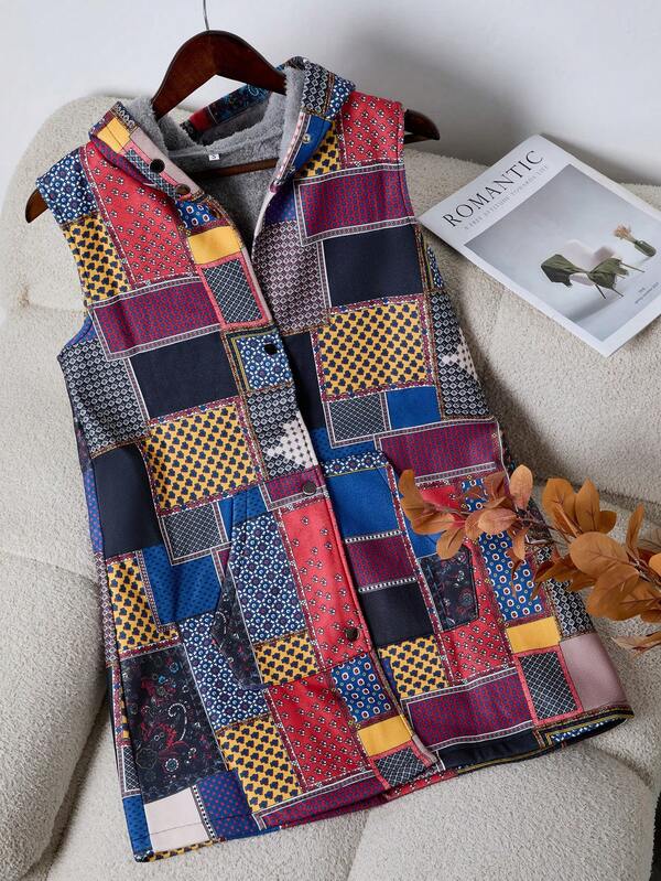 European & American Style Patchwork Pattern Hooded Vest, Thermal Lined, Sleeveless Long Women Tops, Plaid Pockets Front Button Closure, Vacation