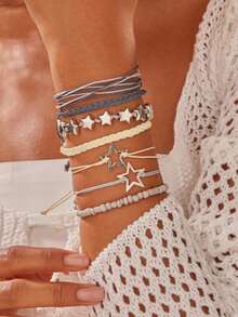 7pcs/Set Handmade Bohemian Style Beaded Bracelet Set, Decorated With Star Pattern, Multi-Layer Stackable, Suitable For Festivals And Parties - Multicolor - View 2
