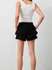 Womens Layered Ruffle Shorts Solid Color Elastic Waist Loose Shorts Summer Streetwear - Black - View 7