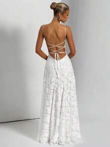 Elegant Off-The-Shoulder Jacquard Lace Strap Dress, Waist Tie, Graceful Evening Gown - 白色 - 查看 7