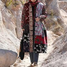 LUZU JUNU Women's Trench Coat Floral Print Long Cotton Linen Jacke Cottagecore Clothing Patchwork Outwear Bohemian Unique - 復古灰色溫暖絎縫 - 查看 6