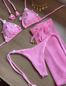 Women's Fishnet Tri-Set Bikini And Beach Cover-Up Exclusive Model With Baby Pink Shells, Butt Lifting - 淺粉色 - 查看 4