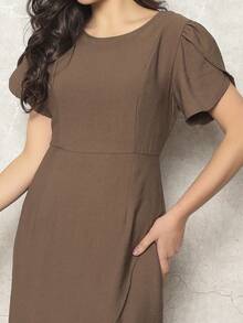 Women's Midi Dress Side Slit With Petal Sleeves Simple Daily - Rust Brown - View 5