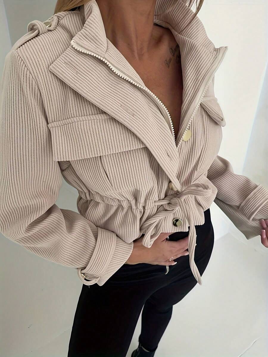 Veste zippée en velours côtelé à la mode pour femmes en automne/hiver avec fermeture à boutons et ceinture de taille - Kaki - Voir 1