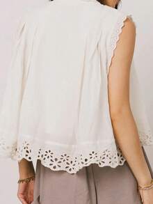 Women's Summer Button Down Blouses Casual Stylish Solid Eyelets Trim Loose Fit Sleeveless Tops - trắng - Xem 7