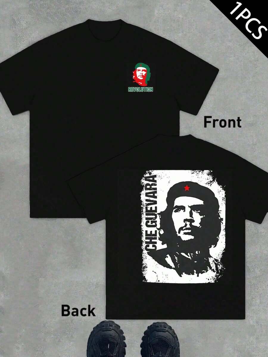 Che Guevara Portrait T-Shirt, Men's Fashion Casual Double-Sided Print Crew Neck T-Shirt, 220gsm Cotton (1 Piece) - 黑色 - 查看 1