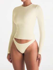 XLLAIS 女士弹力修身长袖休闲T恤，畅销款，秋冬春季 - 米色 - 查看 5