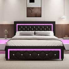Twin/ Full/ Queen Size Bed Frame With LED Lights, Upholstered Platform Bed With Diamond Tufted Headboard, No Box Spring Needed, Noise Free, Easy Assembly, Black/ White/ Pink, Twin/ Full/ Queen - màu đen - Xem 14
