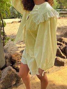 Womens Casual 2 Piece Outfits Long Sleeve Doll Collar Blouse Tops + Shorts Set Loungewear - 淺黃色 - 查看 1