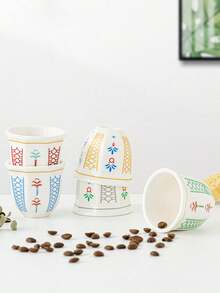 1pc Middle Eastern Style 100ml Ceramic Cup, Hand-Painted Coffee Mug With Elegant Blue, Red And Green Patterns, Complemented By "Peace" Latte Art, Displayed On White Surface With Coffee Beans And Pastries, Refreshing Visual Experience, Saudi National Day Gift - Multicolor - View 5