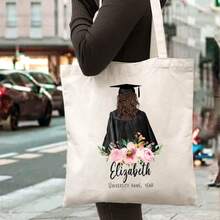 Personalized Graduation Canvas Tote Bag, Customizable Name And Details, Large Capacity, Durable, Simple Style, With Floral Design, Graduate - 1PC - View 4