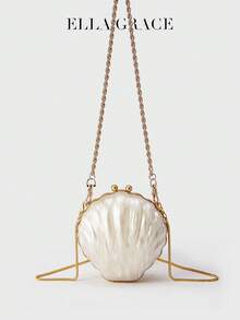 ELLA GRACE-White Shell Shape Acrylic Clutch Bag With Vintage Ball Clasp And Detachable Gold Chain Strap, Elegant Evening Purse For Women Wedding And Banquet