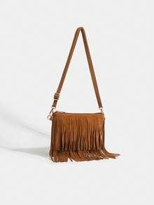 时尚畅销复古棕色流苏斜挎包，女士单肩包，波西米亚风方包，休闲、工作、购物、聚会、上学、旅行 - 彩色 - 查看 13